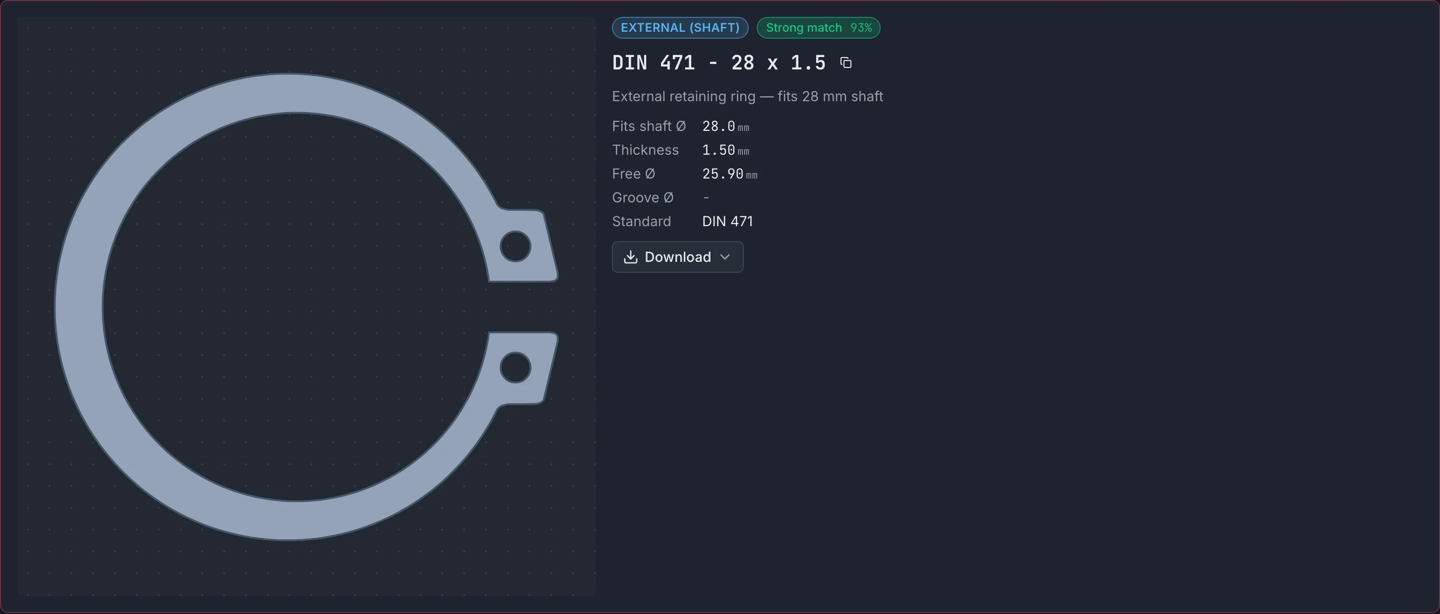 Circlip identified as DIN 471 - 28 x 1.5 with measured free diameter, gap opening, and band width