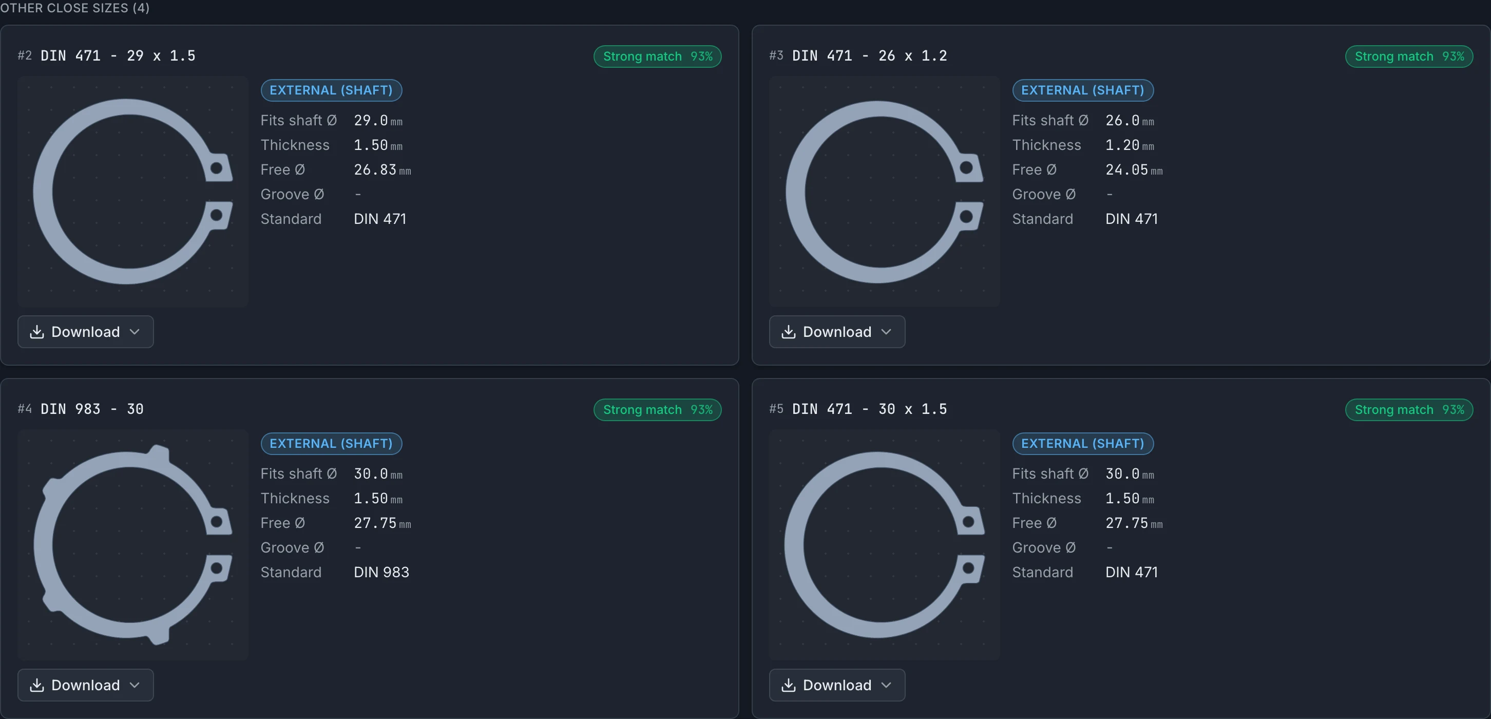 Ranked list of close circlip sizes with true-geometry diagrams and match scores